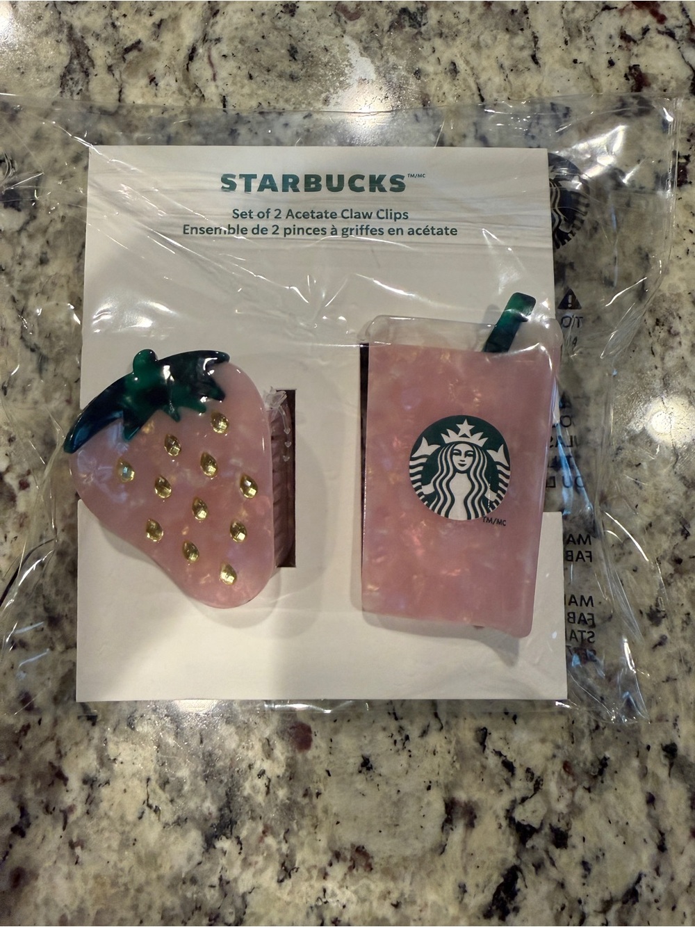 Starbucks Pink Strawberry & Cup Acetate Hair Claw Clips - Set of 2